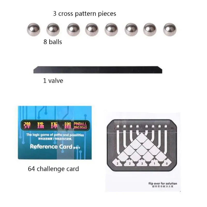 Puzzle components showing eight balls, a black bar, challenge cards and a solution diagram