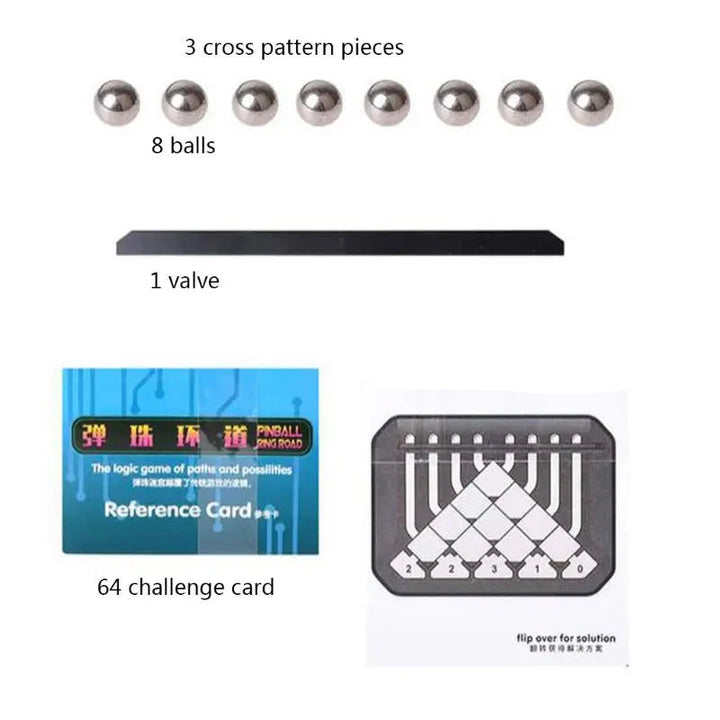 Puzzle components showing eight balls, a black bar, challenge cards and a solution diagram