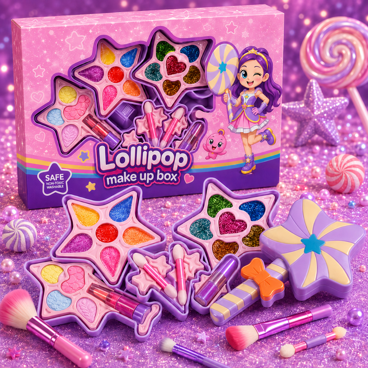Lollipop-themed makeup case with star-shaped palettes, brushes, and applicators