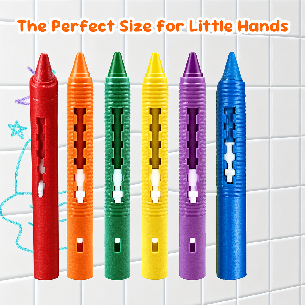 Six long bath crayons in plastic casings lined up in front of a tiled wall.