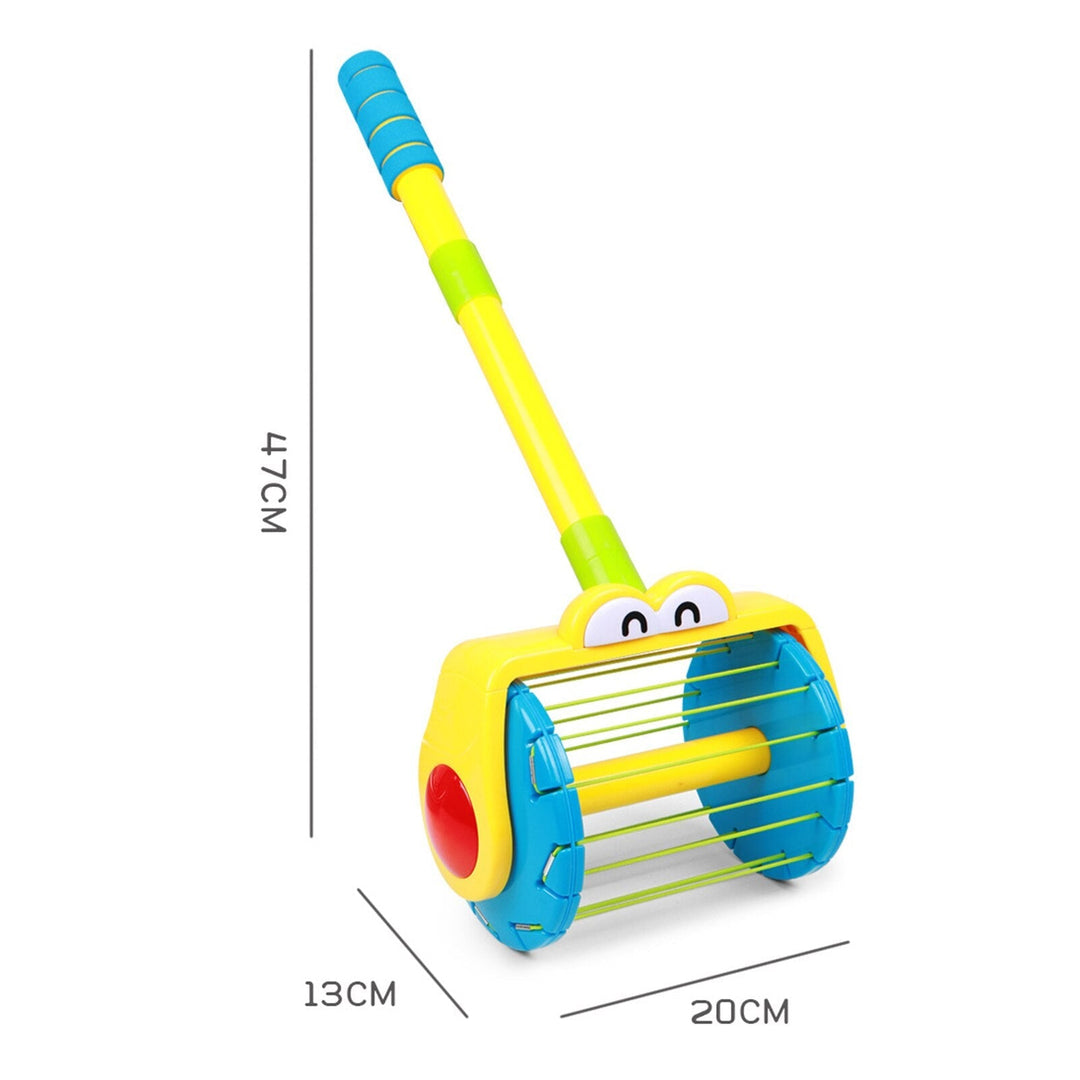 Yellow and blue long-handled toy vacuum with labeled measurements