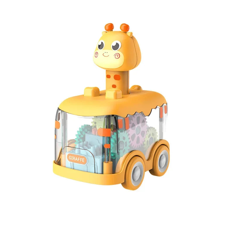 Long-neck animal toy car with a transparent body and visible gears