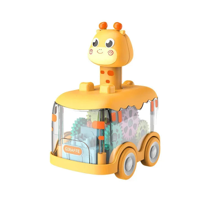 Long-neck animal toy car with a transparent body and visible gears