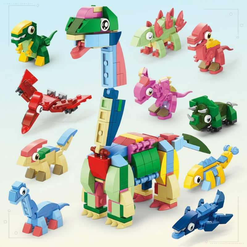 Colorful dinosaur building models with a large long-necked dinosaur and smaller prehistoric creatures