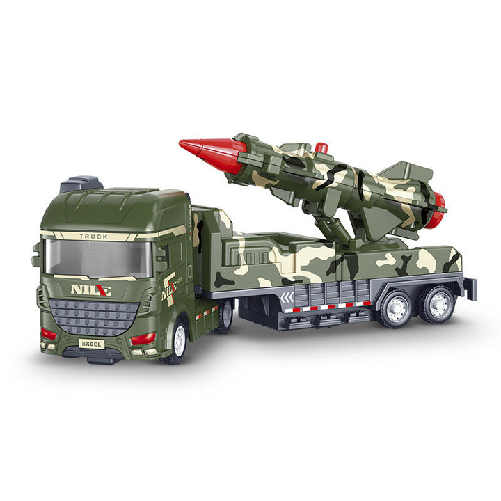 Green long-range missile toy truck with a camouflage launcher, red missile tip, and multiple wheels.