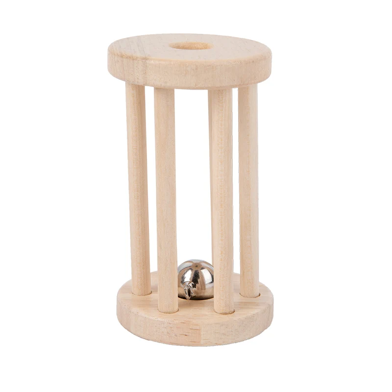 Long wooden cage rattle with a silver-colored bell inside