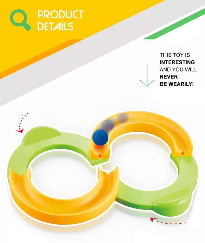 Green and yellow looping track graphic showing a blue ball moving along the channel