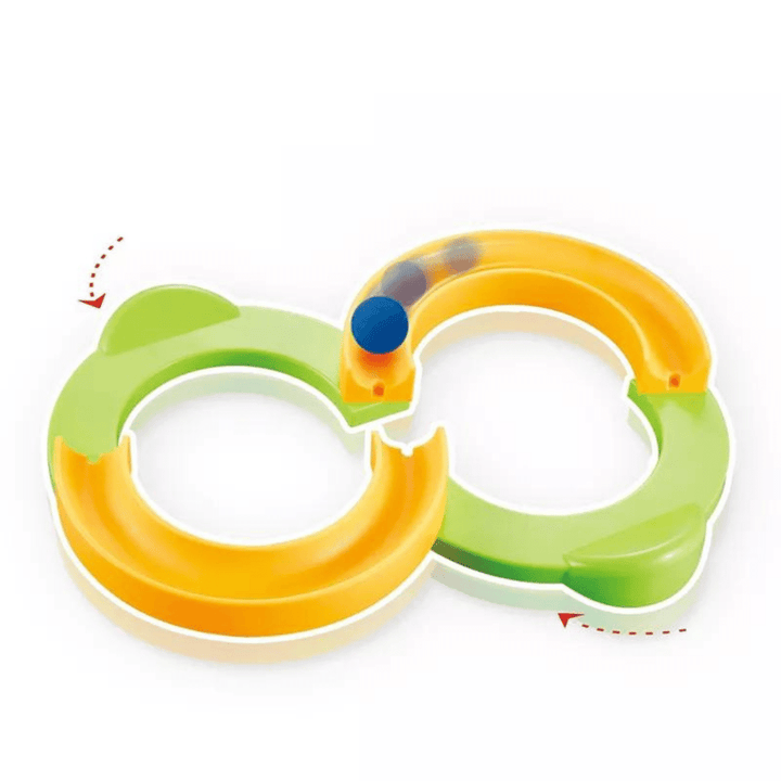 Green and yellow figure-eight ball track with a blue ball in the curved channel