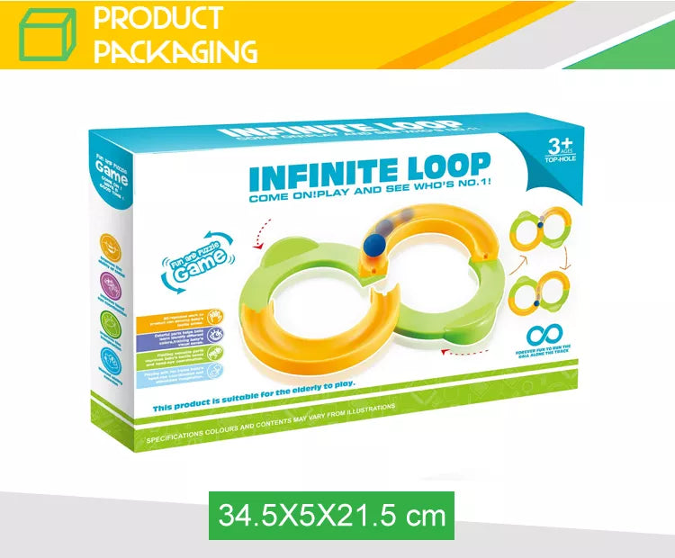 Ball track packaging with a 34.5 x 5 x 21.5 cm measurement label
