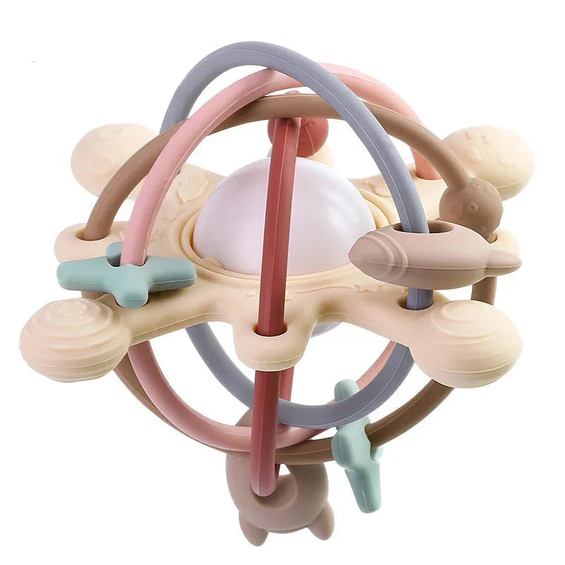 Silicone teething ball with colorful loops, textured ends, and a central rattle