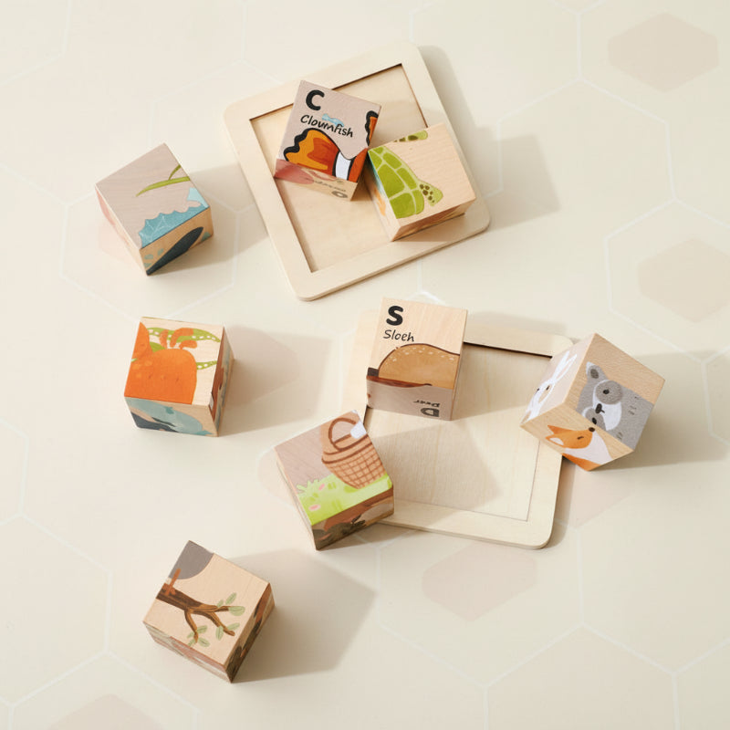 Loose animal puzzle cubes arranged around two wooden storage trays