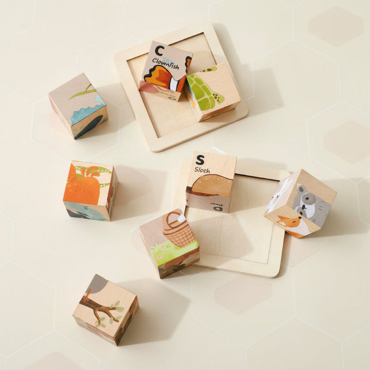 Loose animal puzzle cubes arranged around two wooden storage trays
