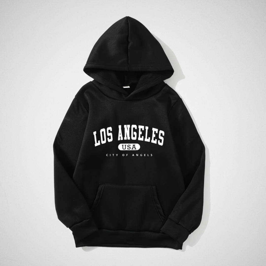 Black pullover hoodie with white Los Angeles lettering and a front pouch pocket.