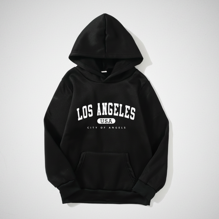 Black pullover hoodie with white Los Angeles lettering and a front pouch pocket.
