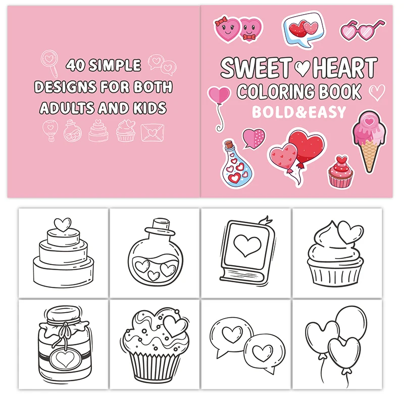 Front and back of the pink Love coloring book with sample heart and dessert designs