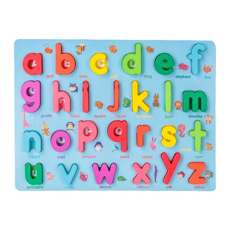 Lowercase alphabet puzzle with colorful letters and illustrated animal clues