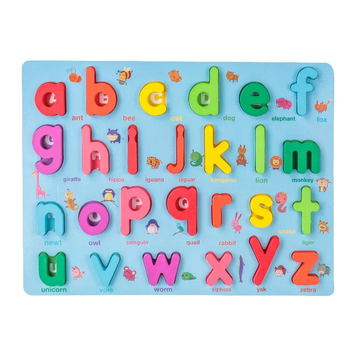 Lowercase alphabet puzzle with colorful letters and illustrated animal clues