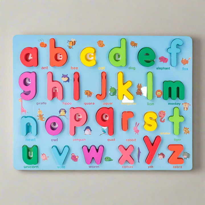 Lowercase wooden alphabet board with multicolored letters on a light background