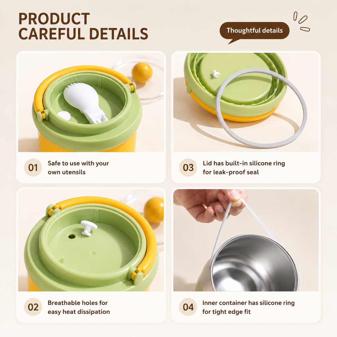 Detail views of utensil storage, lid vents, a sealing ring, and the removable steel insert.
