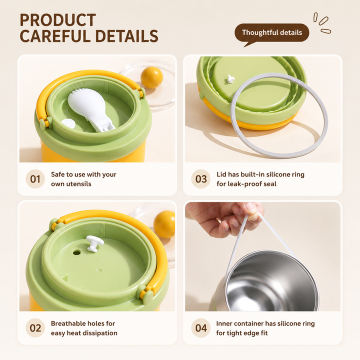 Detail views of utensil storage, lid vents, a sealing ring, and the removable steel insert.