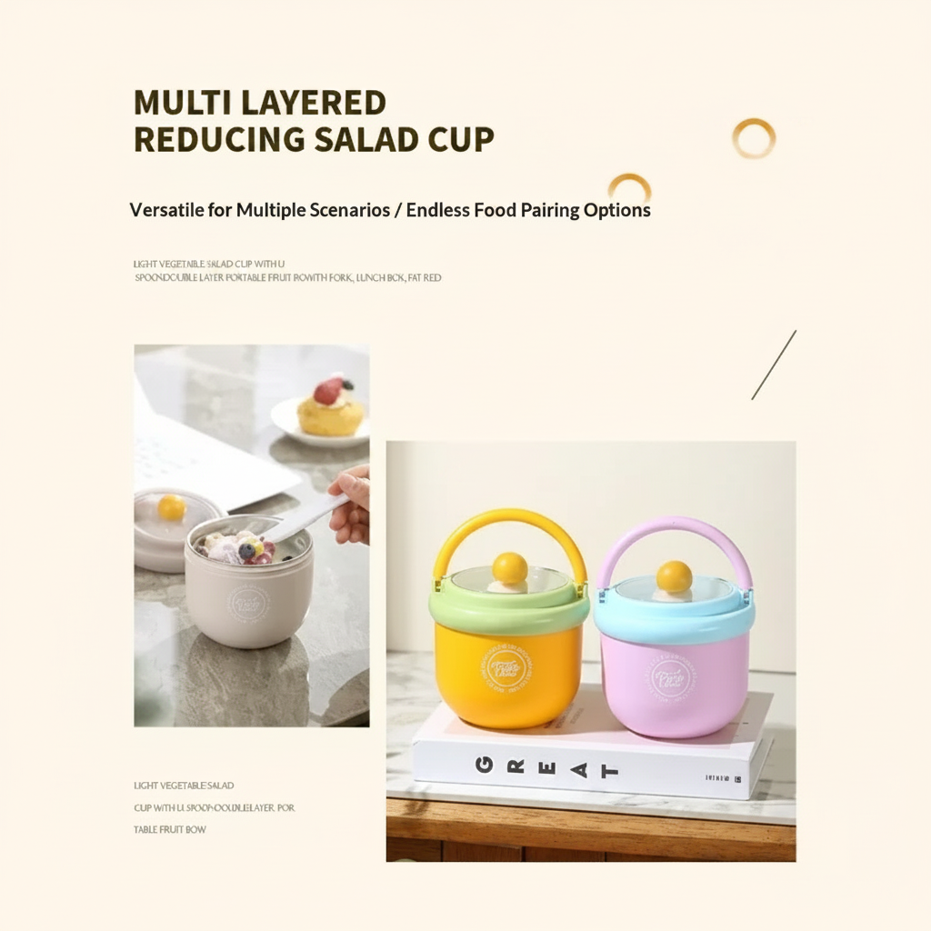 Lunch bowl display with an open gray bowl and closed yellow and pink bowls.