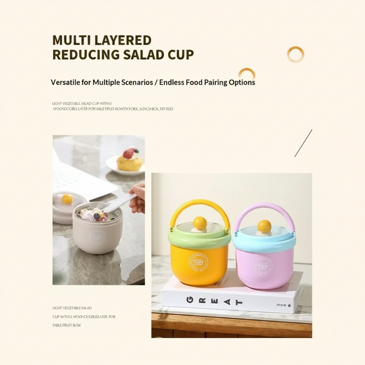 Lunch bowl display with an open gray bowl and closed yellow and pink bowls.