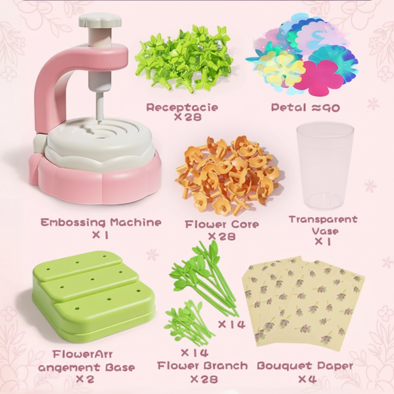 Contents chart for the machine-included flower craft kit with petal, stem, and accessory counts