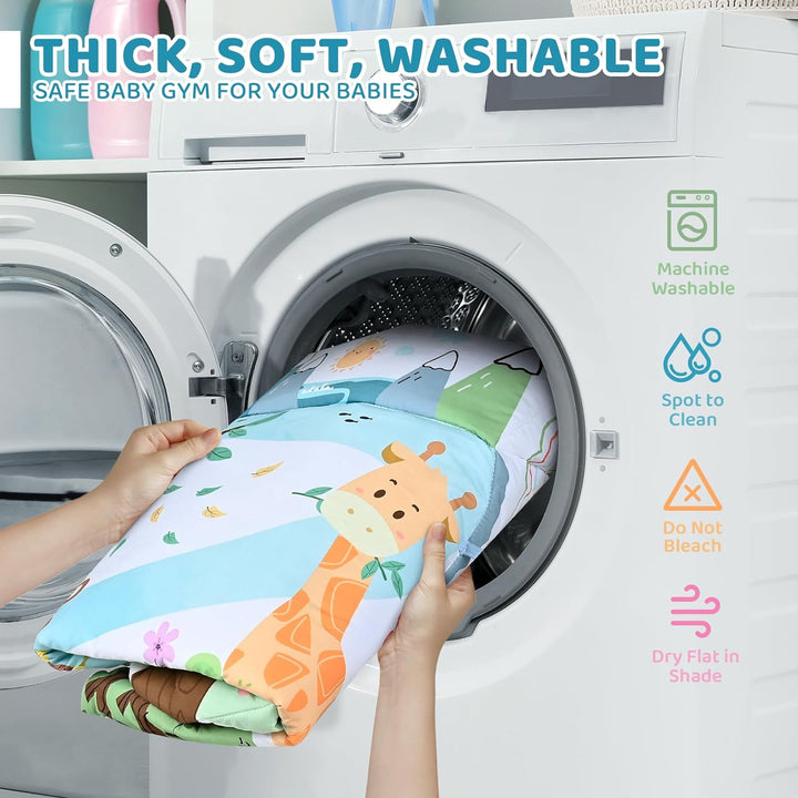 Animal-print play mat being placed in a washing machine