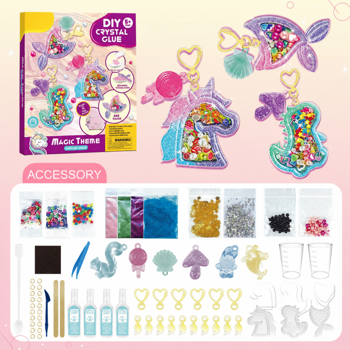 Magic-themed resin keychain kit with glitter-filled fantasy charms, molds, beads, and craft tools