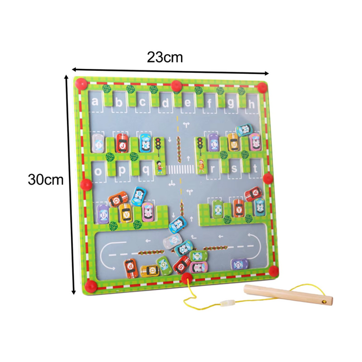 Magnetic alphabet board with measurements showing 30 cm height and 23 cm width