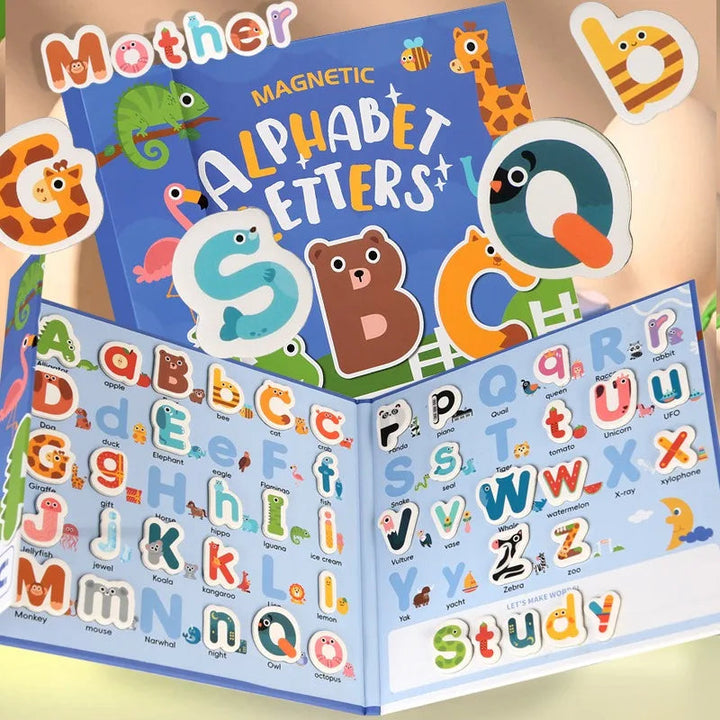 Open magnetic alphabet book with colorful uppercase and lowercase letter pieces beside its cover