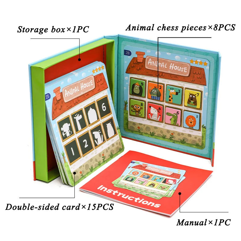 Storage box, eight animal pieces, 15 double-sided cards, and an instruction manual