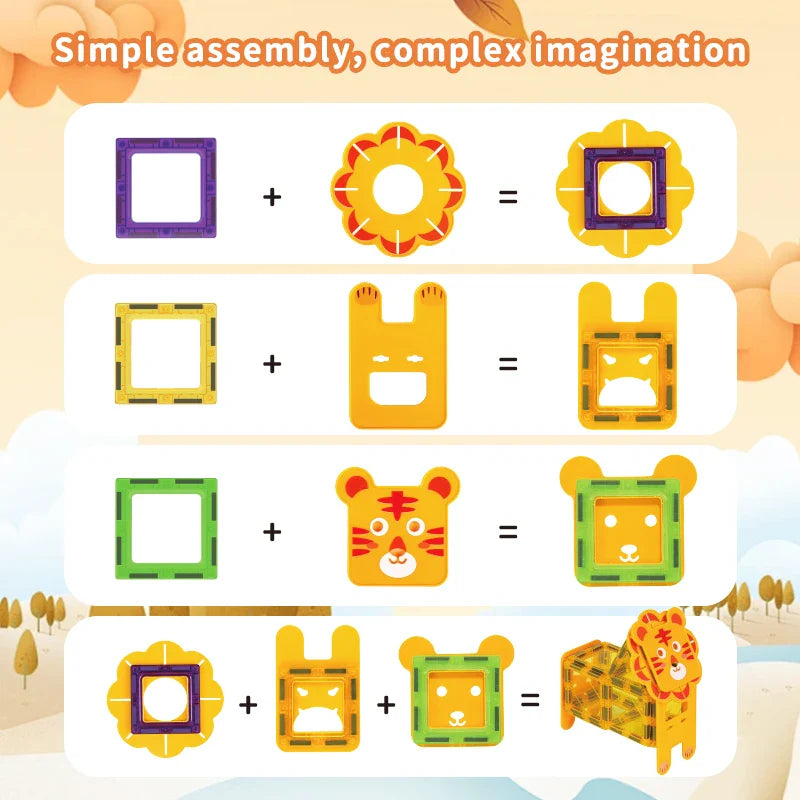 Step-by-step examples of combining square magnetic tiles with animal face and body pieces.