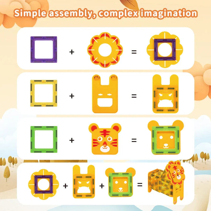 Step-by-step examples of combining square magnetic tiles with animal face and body pieces.