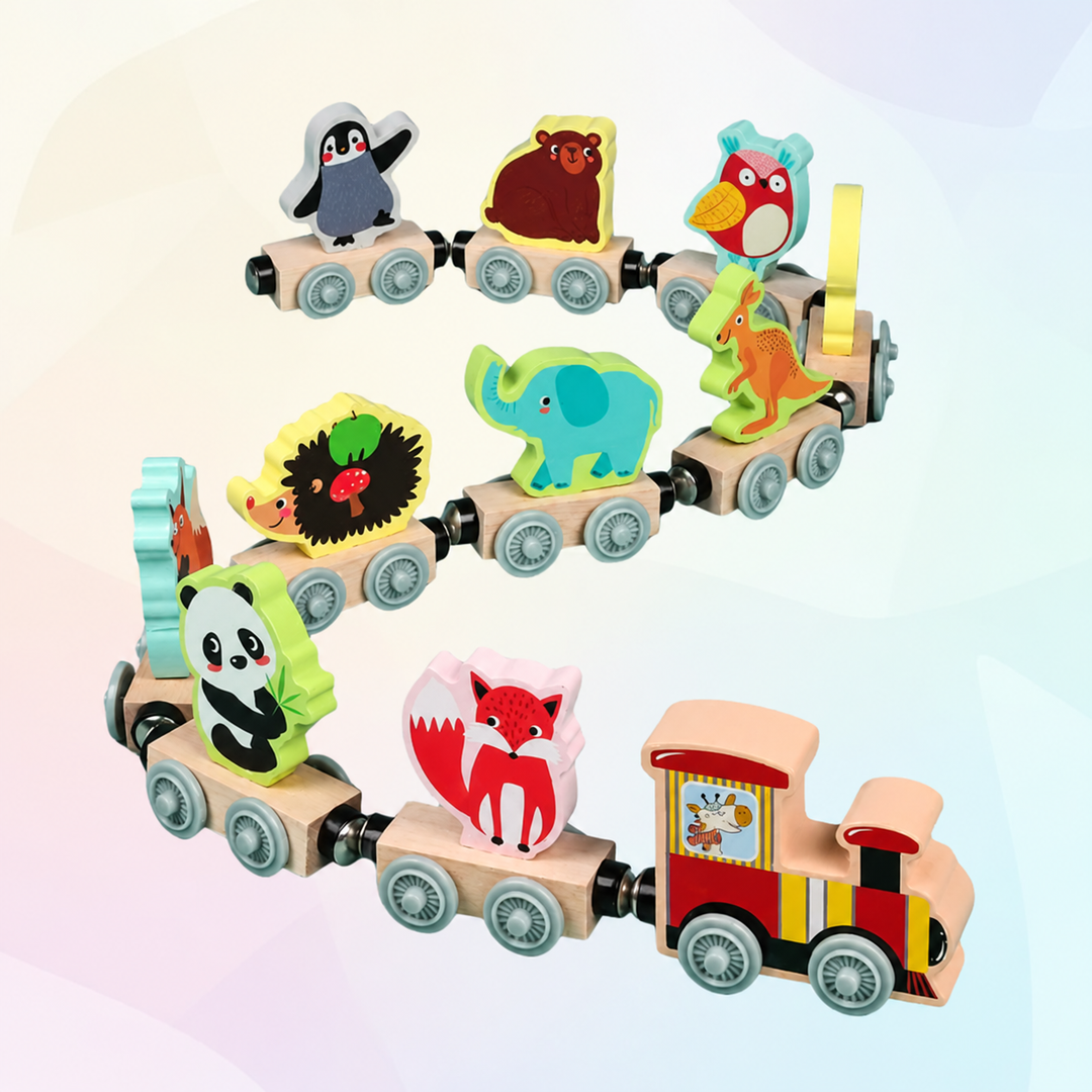 Magnetic animal train arranged in a curve with a red engine and colorful wooden cars