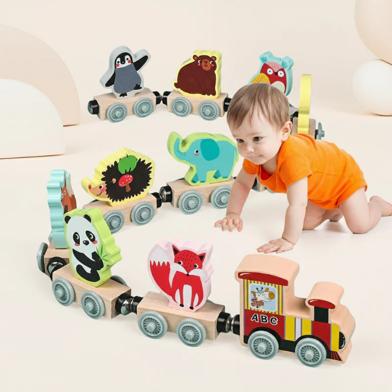 Wooden magnetic train with animal cars shown beside a child in an orange shirt