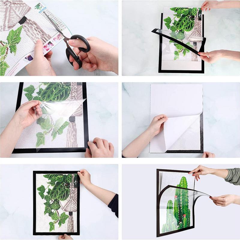 Step-by-step collage showing artwork trimming, frame mounting and picture changes