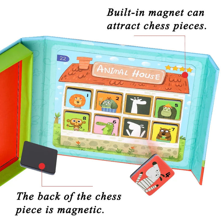 Magnetic backing on an animal piece beside the open matching game