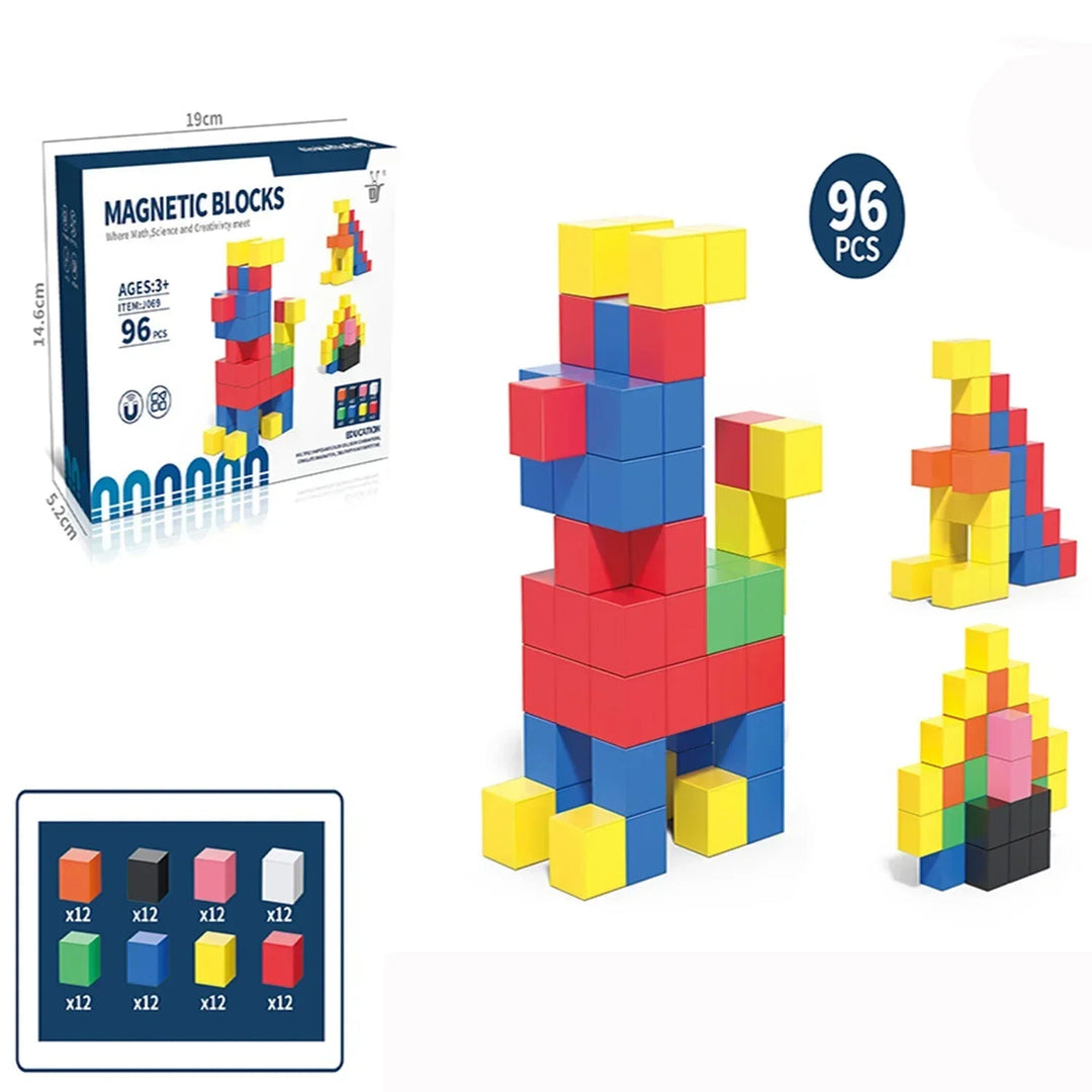 96-piece magnetic block set with sample builds, box measurements and a color-count chart