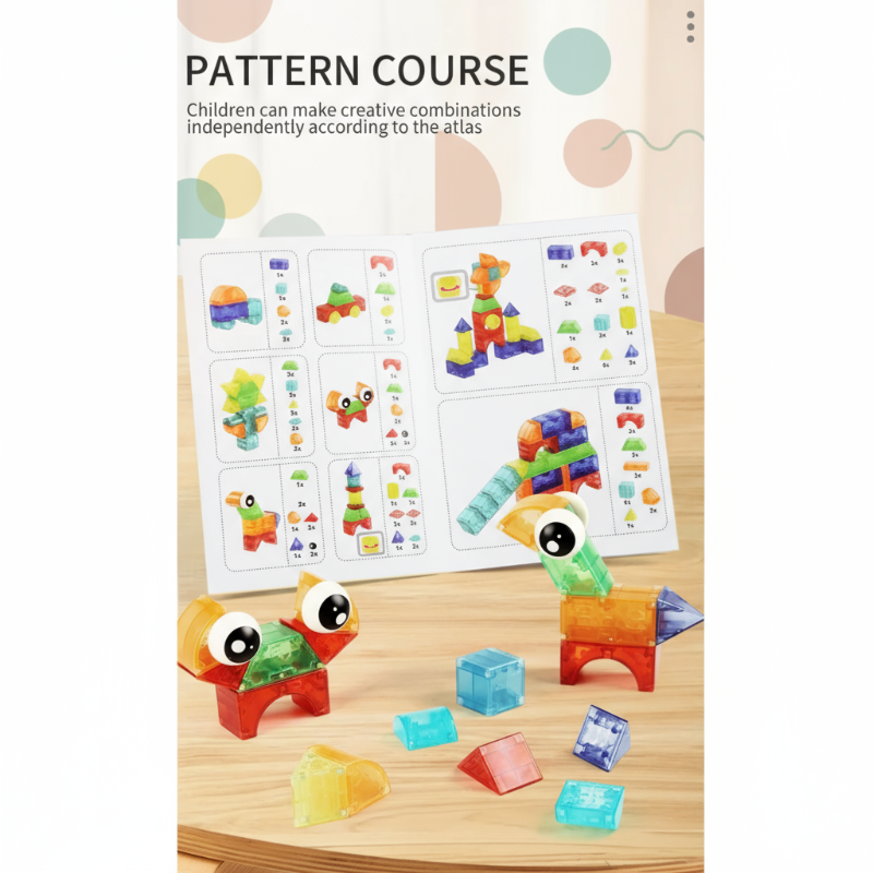 Magnetic block creatures displayed with a booklet of illustrated building patterns.