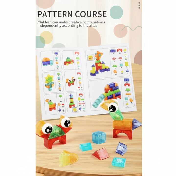 Magnetic block creatures displayed with a booklet of illustrated building patterns.