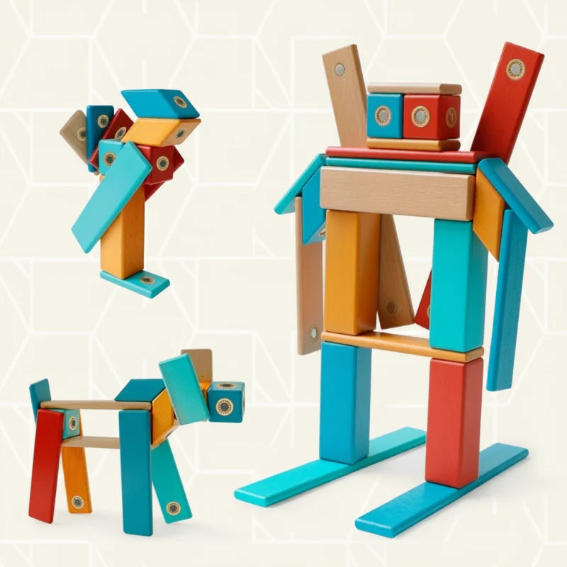 Wooden magnetic blocks assembled into a robot, bird, and four-legged animal