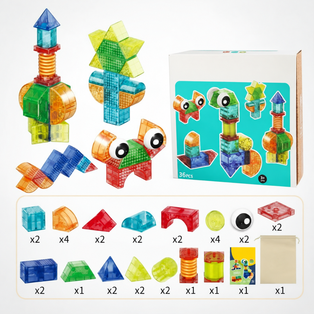 36-piece magnetic building block set with packaging and an illustrated contents guide.