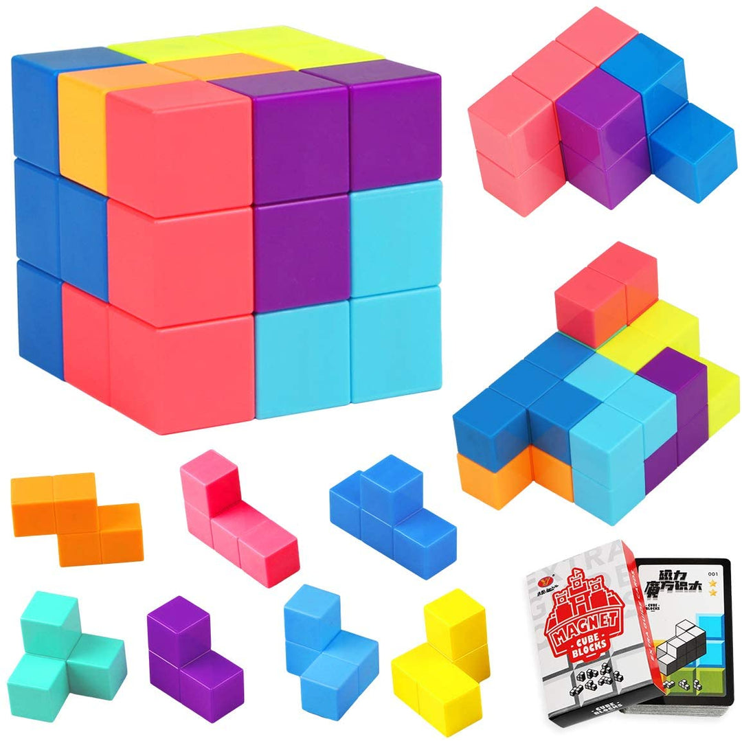Colorful magnetic building blocks arranged as a cube, separate pieces, and other shapes