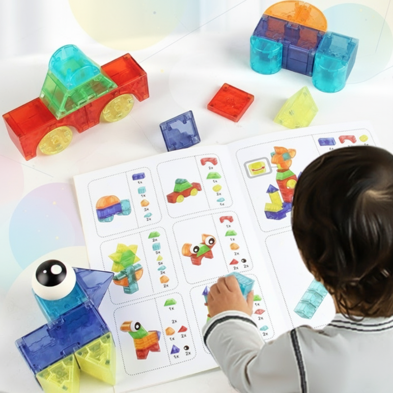 Child following a pattern booklet beside colorful magnetic block vehicles and a creature.
