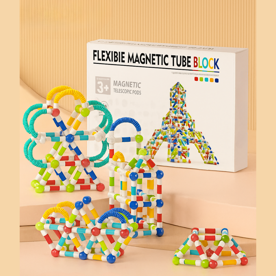 100-piece magnetic building set shown as towers, curved models, and a triangular build