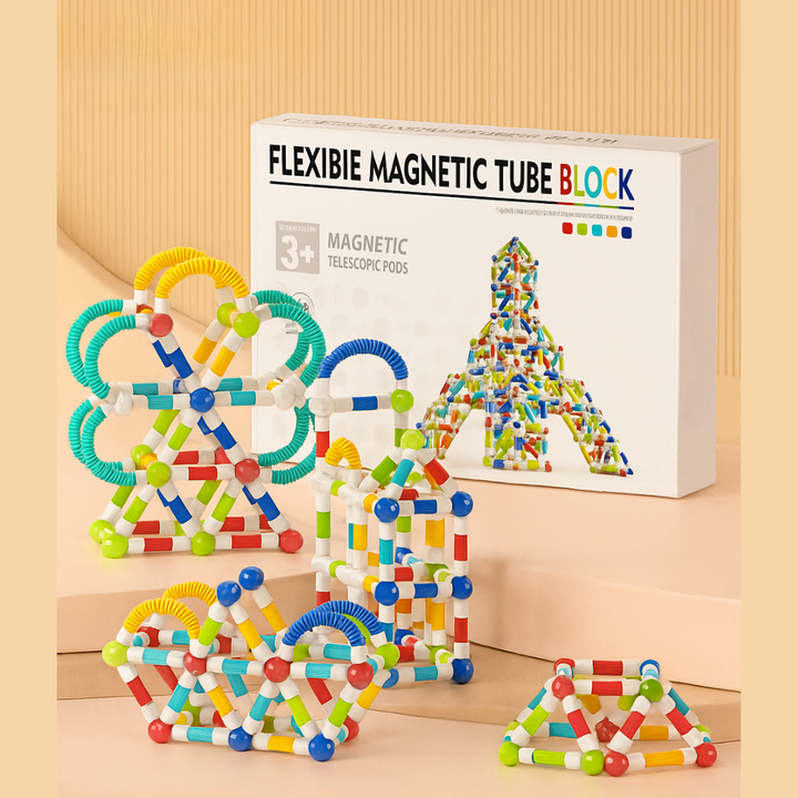 100-piece magnetic building set shown as towers, curved models, and a triangular build