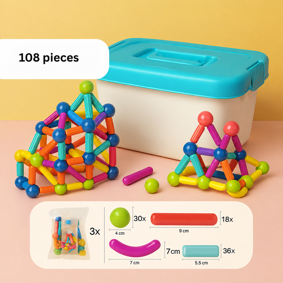 108-piece magnetic building set with storage box, colorful structures, and a piece guide