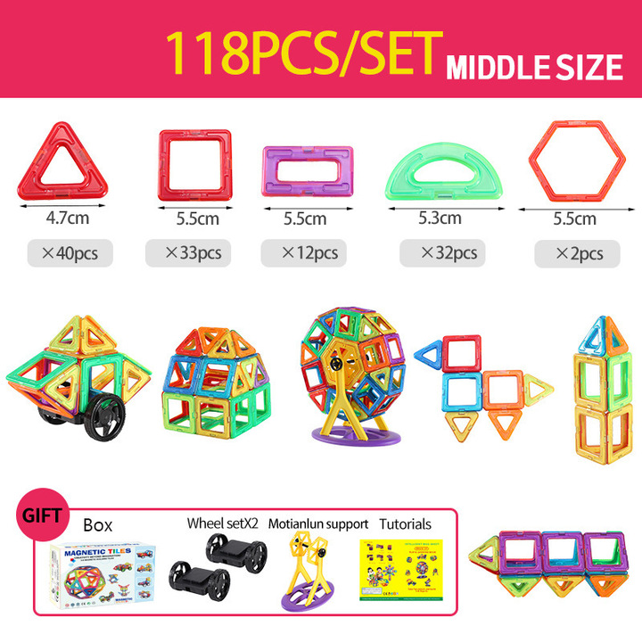 Shape and accessory chart for the 118-piece magnetic set, with wheeled builds and a Ferris wheel model