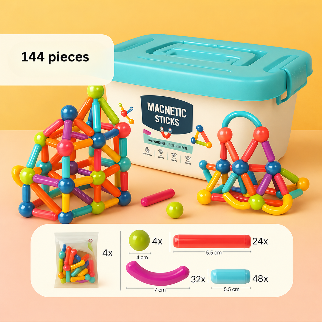 144-piece magnetic building set with storage box, assembled structures, and a piece guide